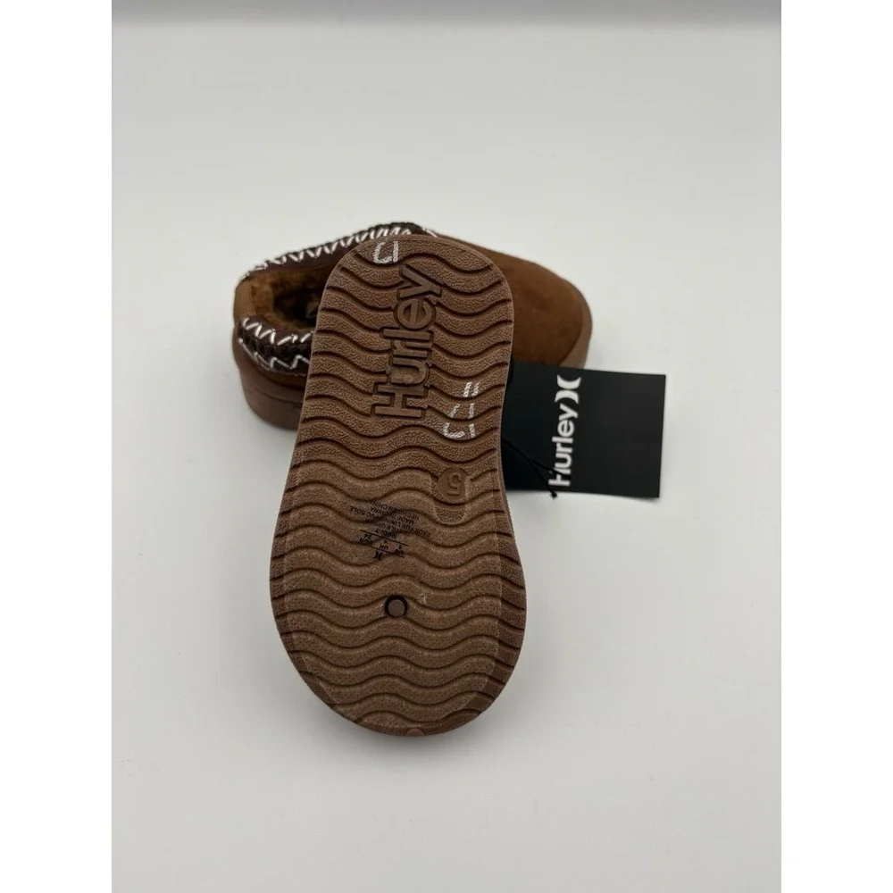 Hurley Modi-T Slippers Kids's Size 5 Brown Faux Suede Cozy Indoor Outdoor NWT